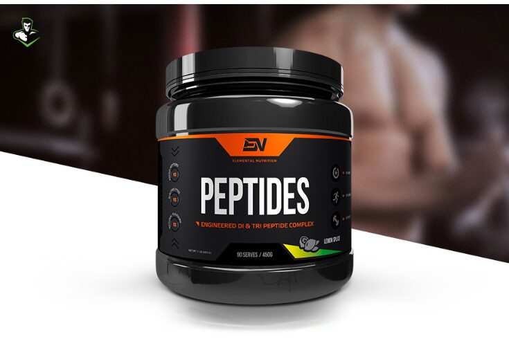 A bottle of peptides positioned on a white background, emphasizing its shape and label details.