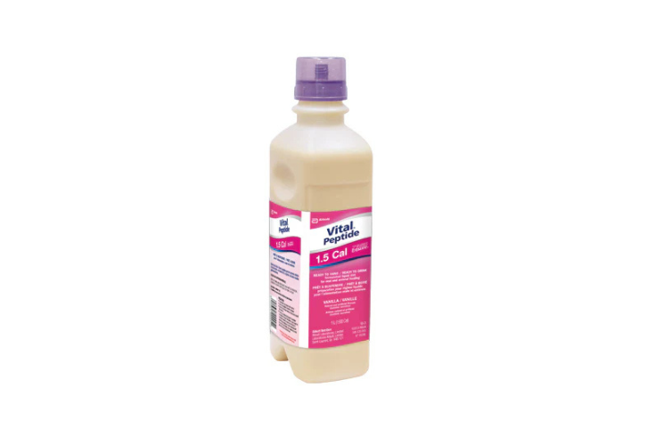 A bottle of liquid cleaner featuring peptides, displayed against a plain white background.