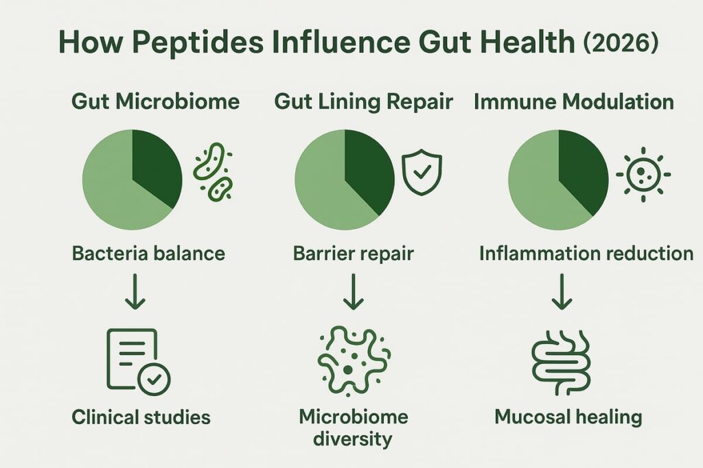 Diagram illustrating how pathogens and peptides influence gut health, highlighting key interactions and effects from 2026