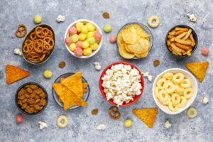 Tasty snacks in bowls